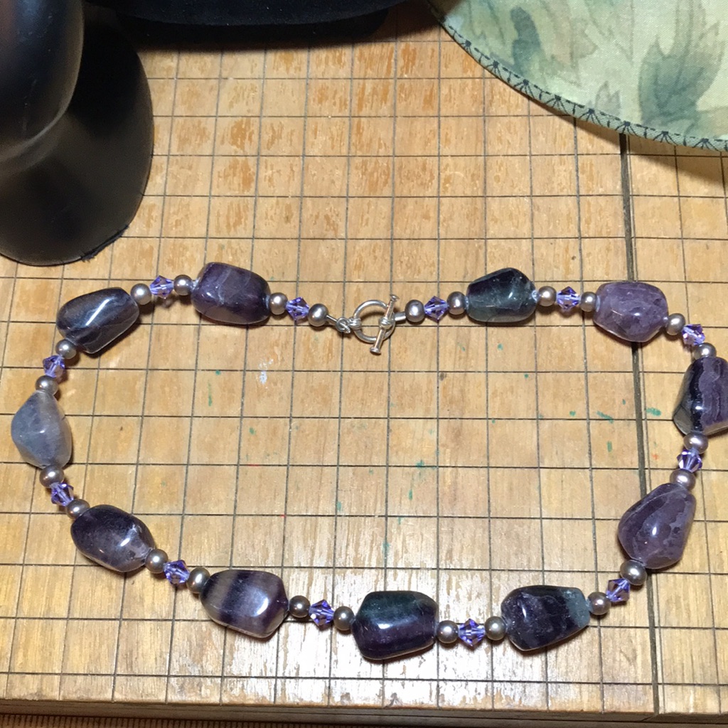 Amethyst Color Crystal, Gray Pearls Necklace 16.5”L Bi-Cone Beads W Toggle Clasp